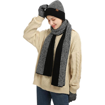 Men's durable knit beanie, warm scarf & touchscreen gloves. Keep hands & head warm.
