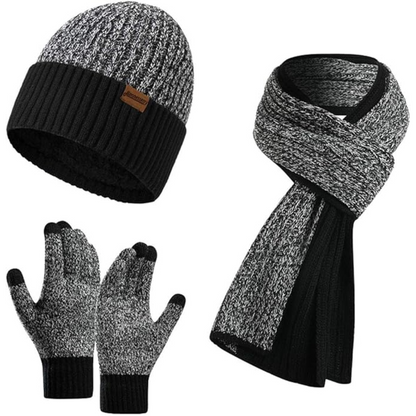 Men's fashionable winter knit set: beanie, scarf & gloves from Victor. Stay warm & connected.