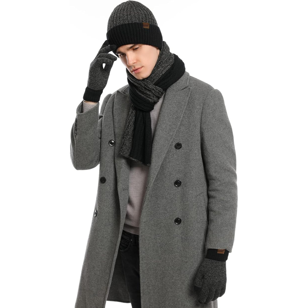 Stylish men's knit beanie, scarf & glove set. Perfect winter wear & cold weather protection.