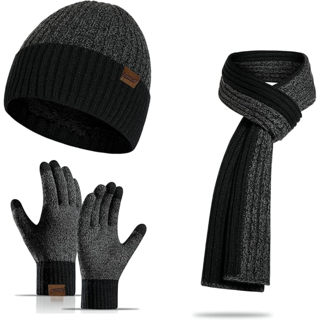 Men's cozy winter knit beanie, matching scarf & touchscreen gloves. Stay warm in style.