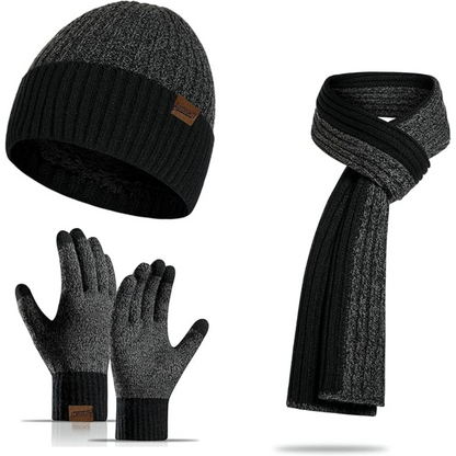 Men's cozy winter knit beanie, matching scarf & touchscreen gloves. Stay warm in style.