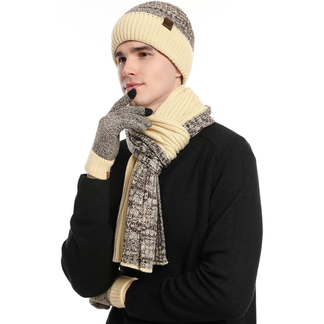 Gift idea: Victor men's warm winter beanie, scarf & glove set. Essential cold weather gear.