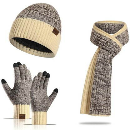 Durable men's knit beanie, scarf & touchscreen gloves. Optimal warmth for winter activities.