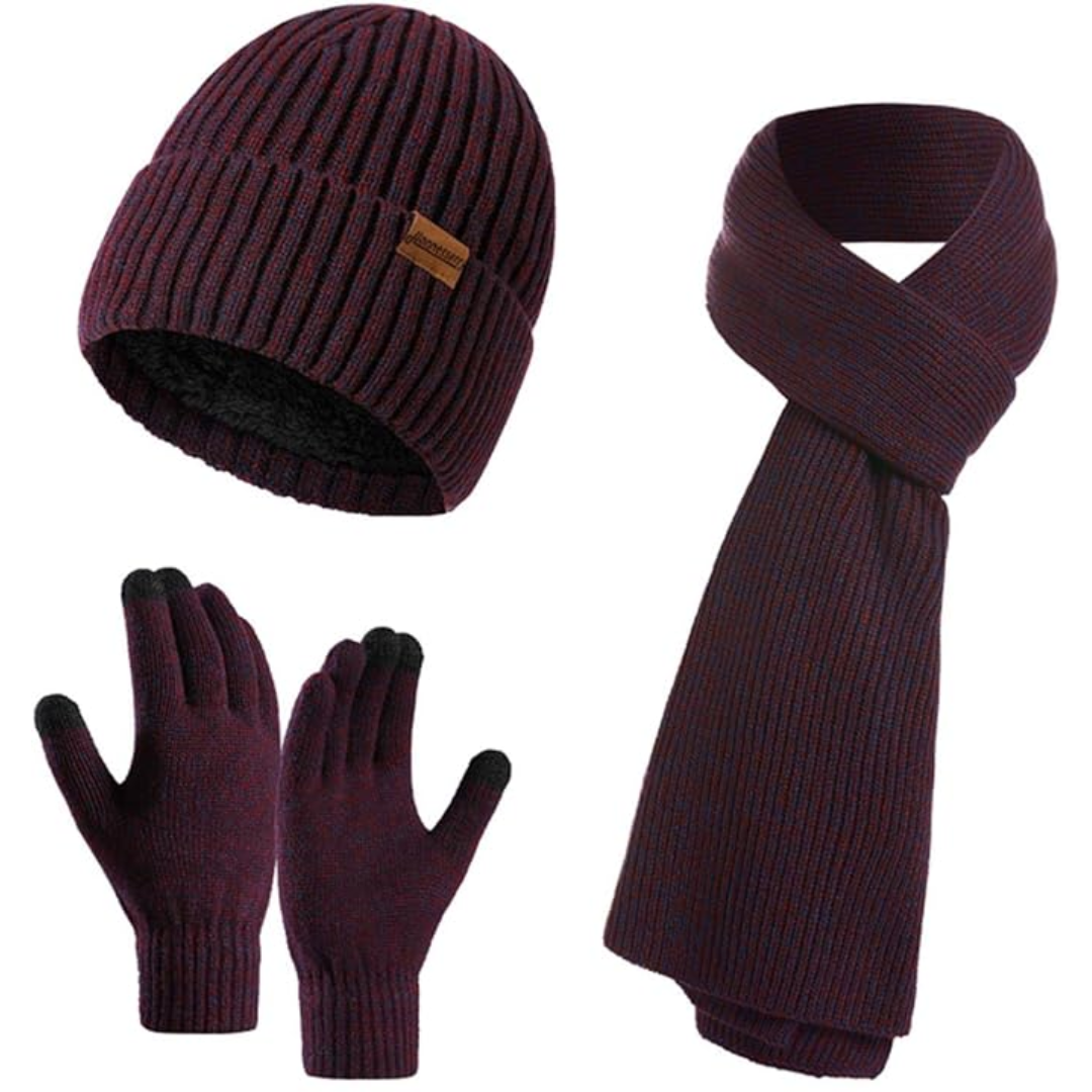 Classic men's winter beanie, scarf & gloves combo for ultimate cold weather comfort.