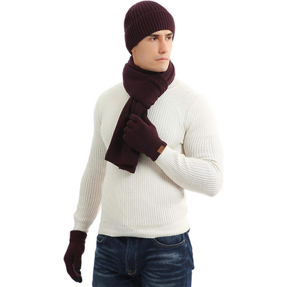 Victor men's fashion knit set: beanie, scarf & gloves. Keep warm on chilly days.