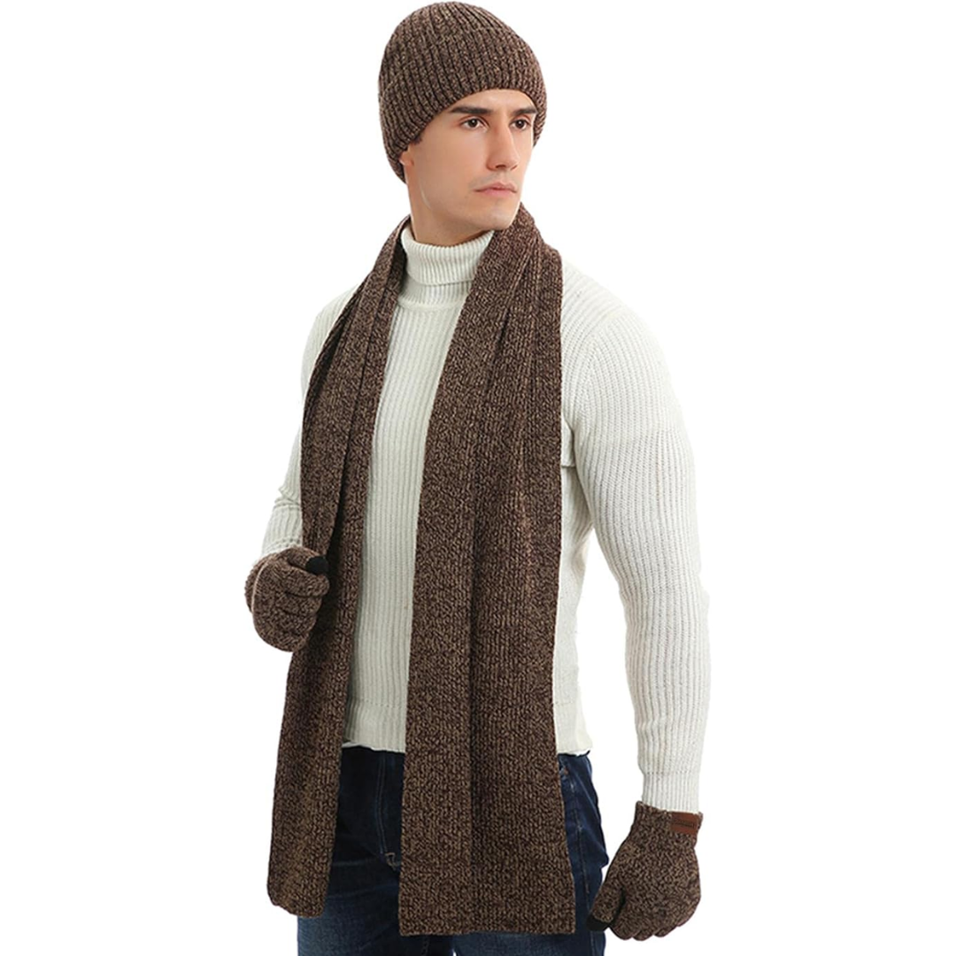 Men's cold weather essentials: soft knit beanie, long scarf & touchscreen winter gloves.