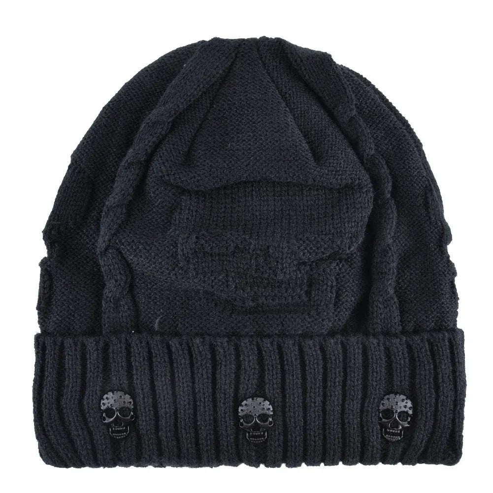Men's warm knit skull cap beanie with metallic accents. Perfect winter hat for edgy style.