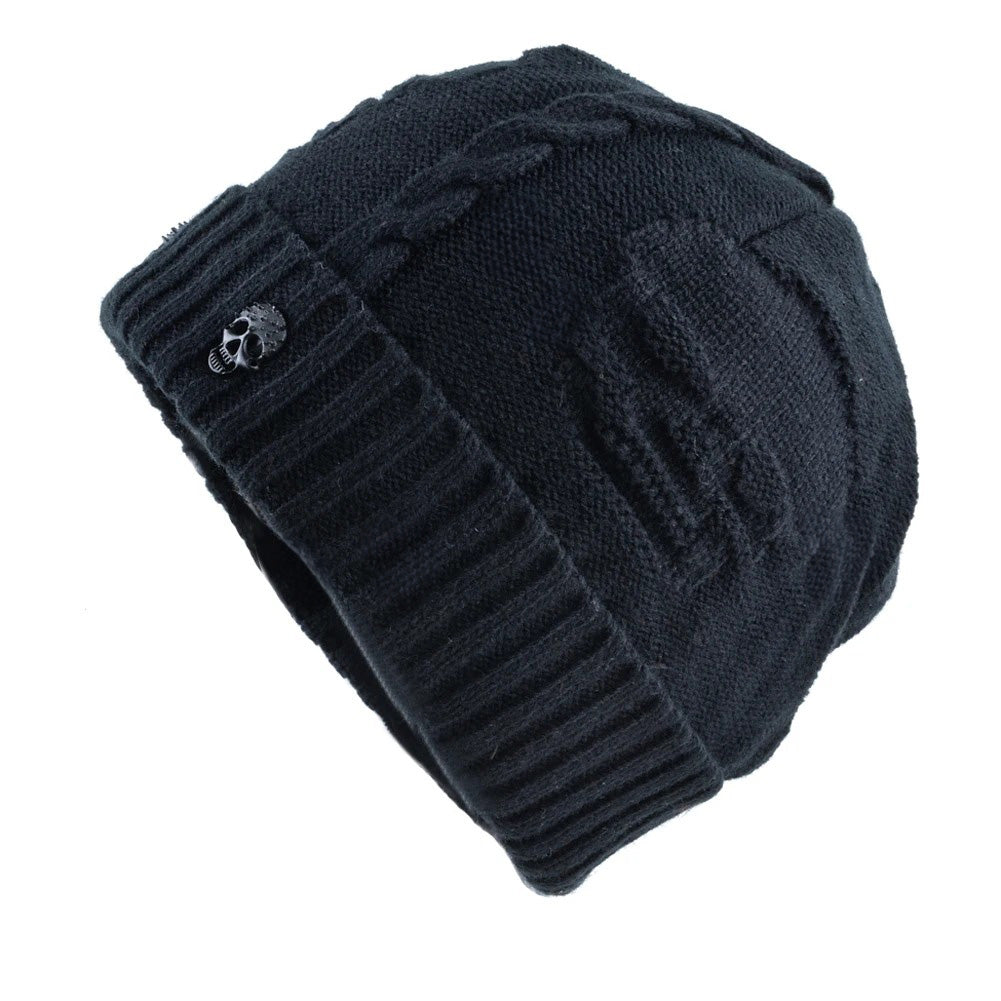 Warm men's knit beanie, a stylish skull cap for winter. Features unique metallic accents for an edgy look.