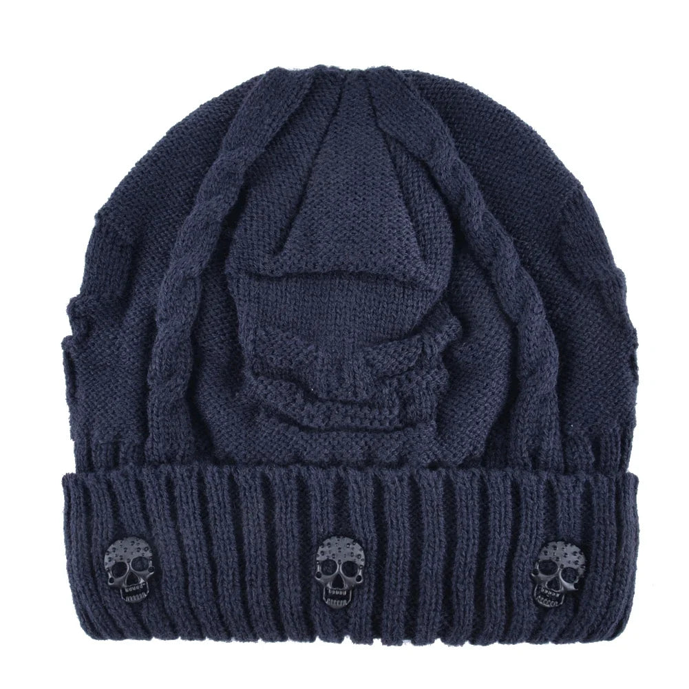 Edgy men's warm knit skull cap beanie. Stylish winter hat with metallic accents for cold weather.
