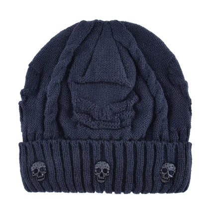 Edgy men's warm knit skull cap beanie. Stylish winter hat with metallic accents for cold weather.