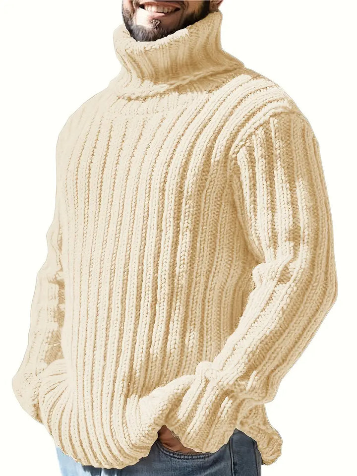 Classic men's knitted wool blend turtleneck sweater, offering superior warmth for winter days.