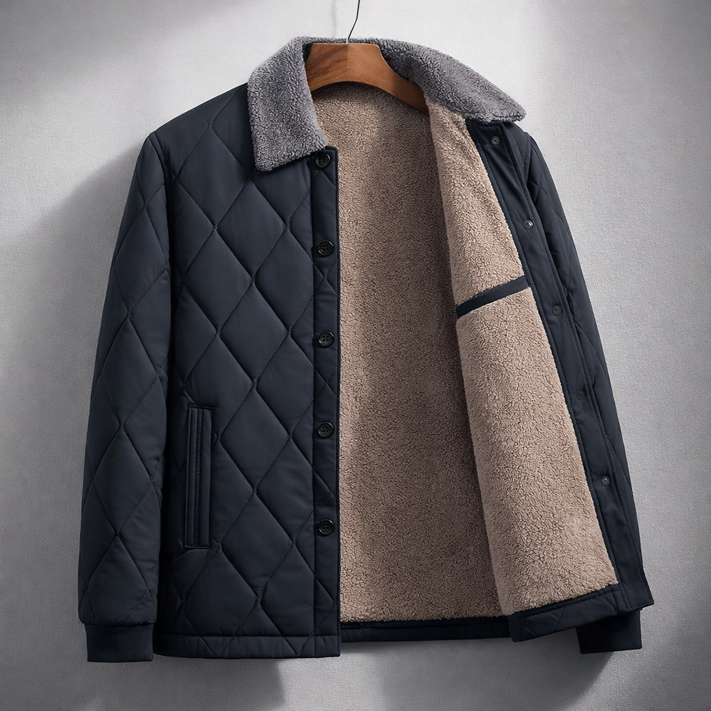 Stylish men's quilted winter jacket with stand collar & button-up front. Weather-resistant everyday wear.