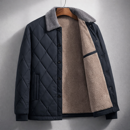 Stylish men's quilted winter jacket with stand collar & button-up front. Weather-resistant everyday wear.