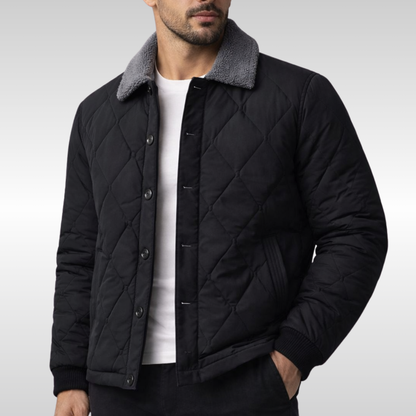 Warm men's casual quilted jacket. Durable and weather-resistant, perfect for cold weather fashion.