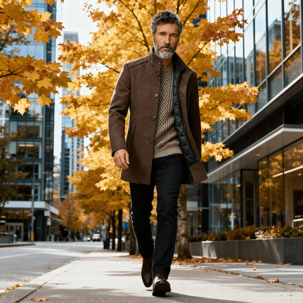 Versatile men's camel quilted stand collar jacket, suitable for casual or formal style.
