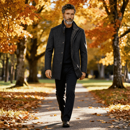Navy blue men's quilted jacket with a stand collar, a modern choice for winter fashion.