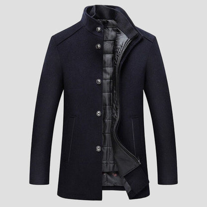 Modern men's grey quilted stand collar coat, comfortable and stylish for daily wear.