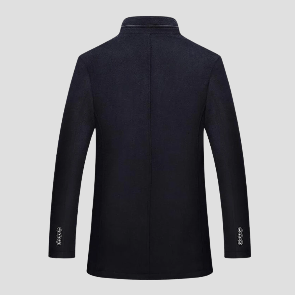 Smart men's camel quilted stand collar coat, a refined piece of cold weather outerwear.