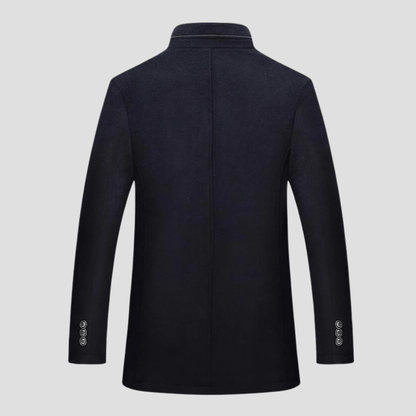 Smart men's camel quilted stand collar coat, a refined piece of cold weather outerwear.
