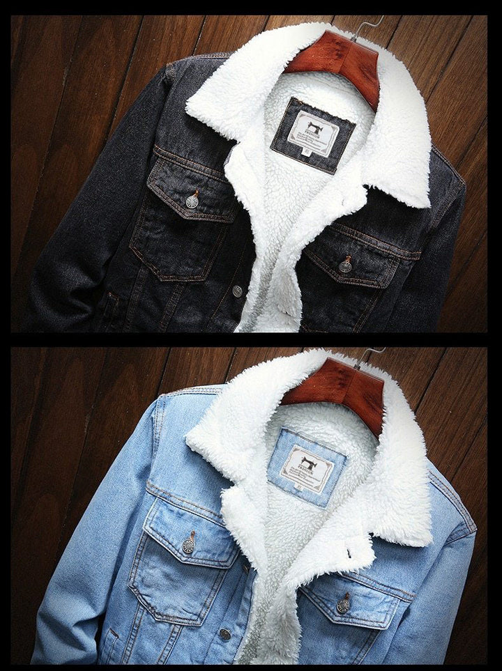 Stylish men's retro denim jacket, fleece-lined. Versatile warm outerwear for fall and winter fashion.