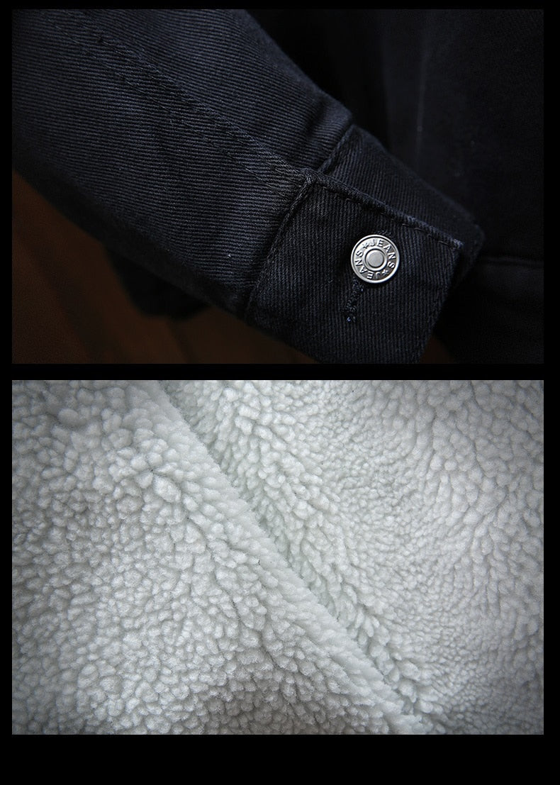 Cozy men's fleece-lined denim jacket, retro design. Warm casual outerwear, perfect for a classic look.