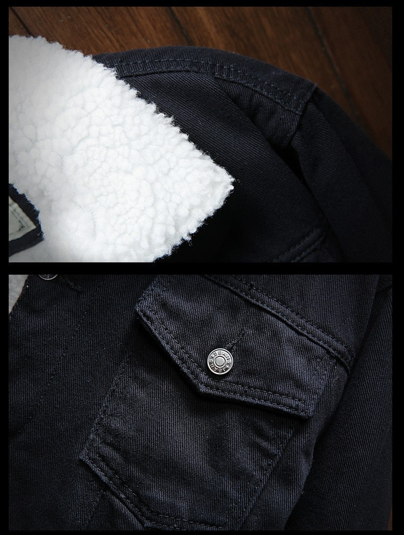Button-front men's retro denim jacket, fleece-lined for warmth. Classic casual outerwear for cold weather.