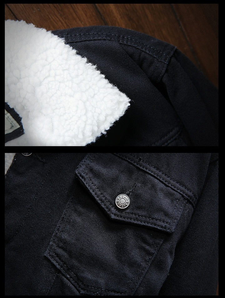 Button-front men's retro denim jacket, fleece-lined for warmth. Classic casual outerwear for cold weather.