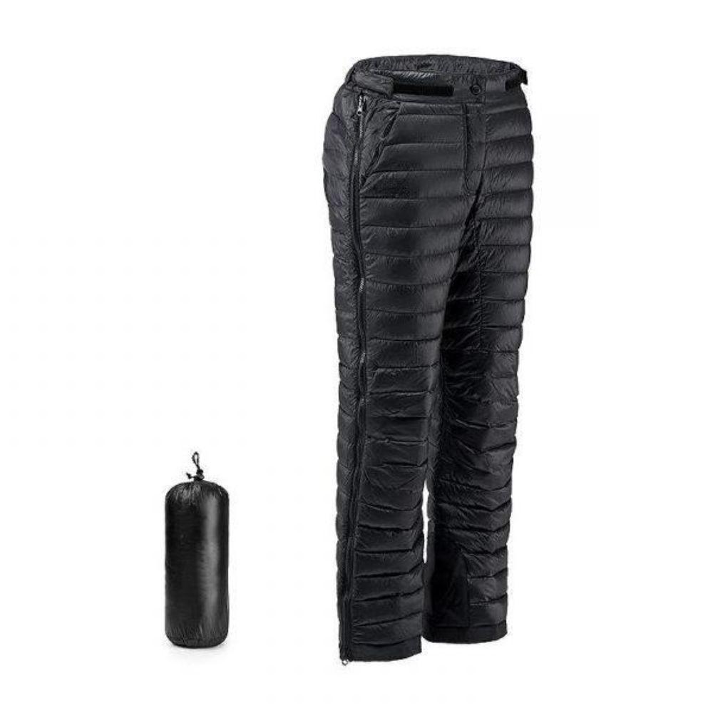 Men's warm thermal goose down pants with leg zippers for winter sports, skiing, snowboarding & cold weather outdoor gear.