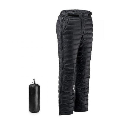 Men's warm thermal goose down pants with leg zippers for winter sports, skiing, snowboarding & cold weather outdoor gear.