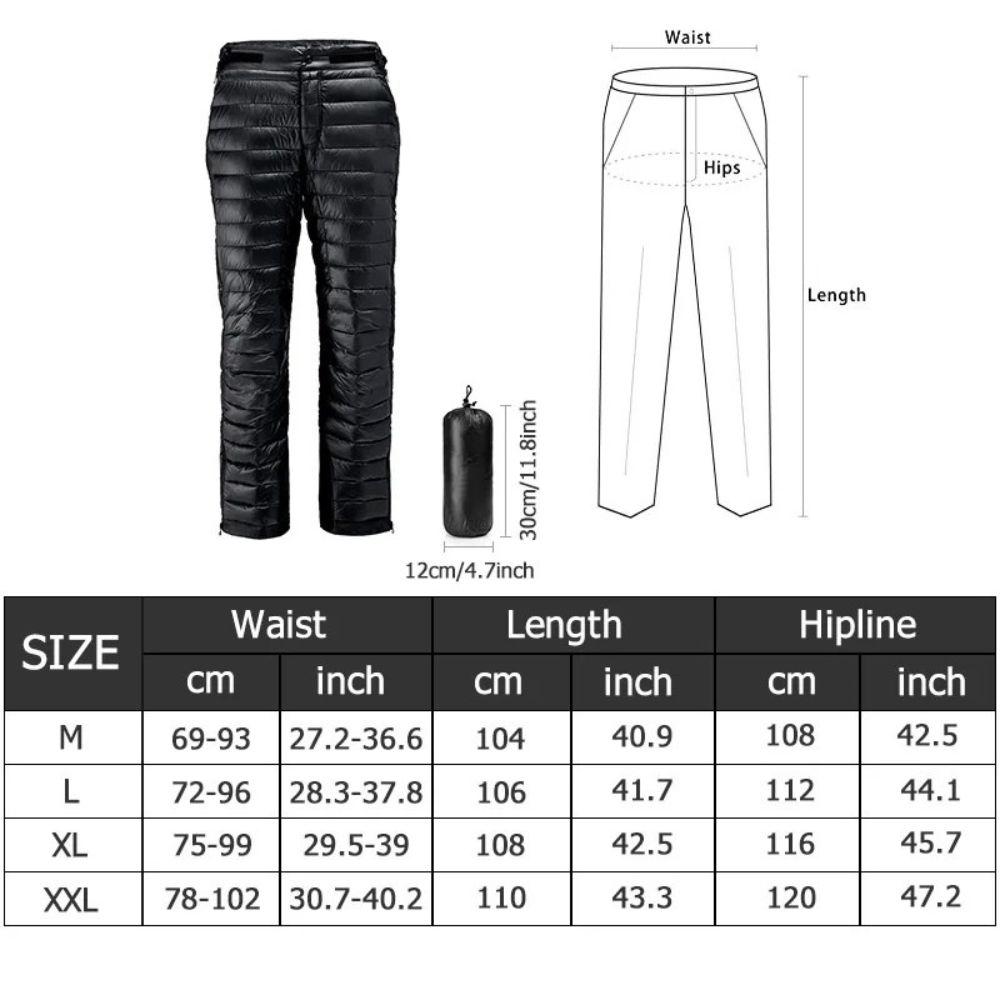 Men's versatile thermal down pants with zippers for skiing, hiking, camping & winter outdoor adventure gear.