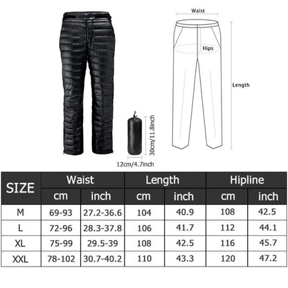 Men's versatile thermal down pants with zippers for skiing, hiking, camping & winter outdoor adventure gear.
