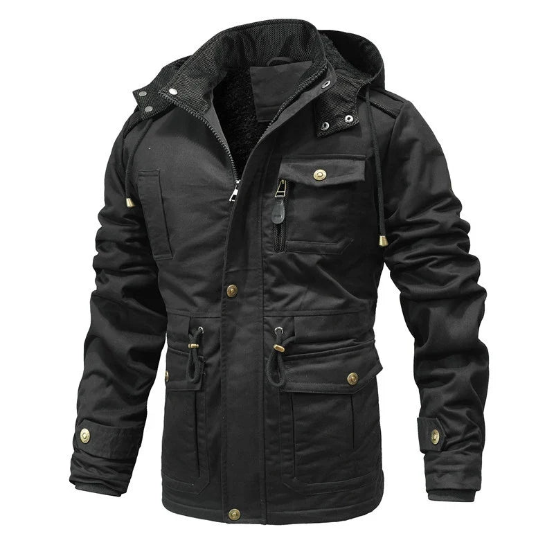 Men's warm winter jacket with removable hood, insulated & waterproof for cold weather and outdoor adventures.