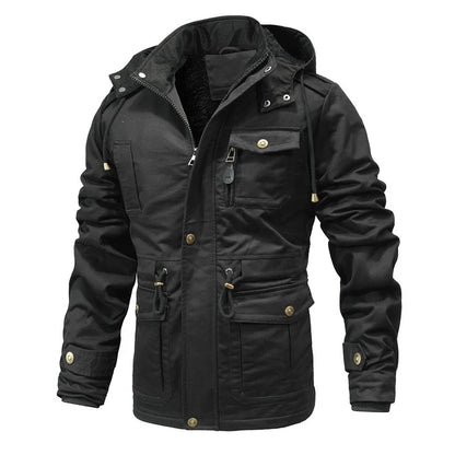Men's warm winter jacket with removable hood, insulated & waterproof for cold weather and outdoor adventures.