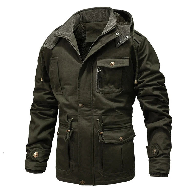 Heavy-duty men's winter coat, insulated & waterproof with a removable hood, ideal for extreme cold conditions.