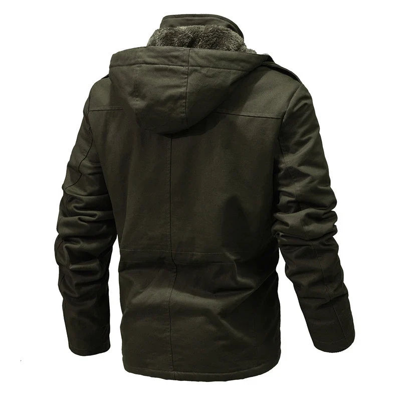 Stylish men's insulated winter jacket. Warm outerwear for cold weather, featuring a versatile removable hood.