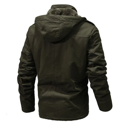 Stylish men's insulated winter jacket. Warm outerwear for cold weather, featuring a versatile removable hood.