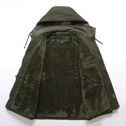 Durable men's waterproof winter jacket for outdoor adventure. Warm, heavy-duty with a convenient removable hood.