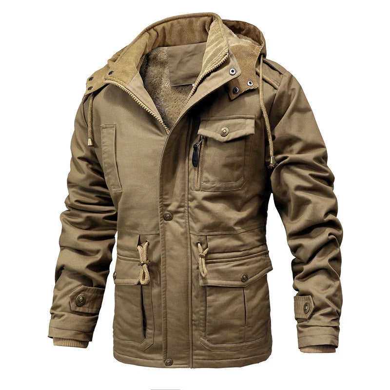 Warm men's winter coat, insulated & waterproof. Fashionable outerwear with a removable hood for cold conditions.