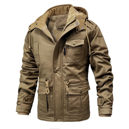 Warm men's winter coat, insulated & waterproof. Fashionable outerwear with a removable hood for cold conditions.