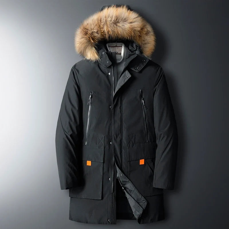 Men's warm winter parka jacket, black, insulated, with hood for ultimate cold weather comfort & casual style.