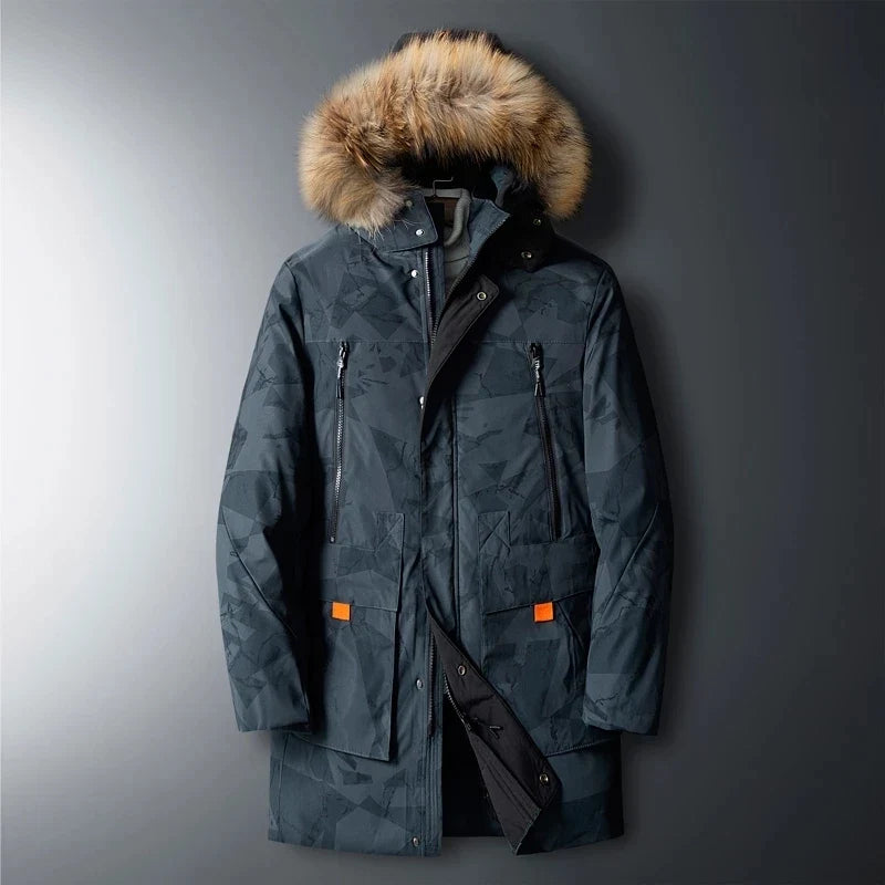 Durable men's winter parka jacket, waterproof, with multiple pockets & fur-trimmed hood for outdoor protection.