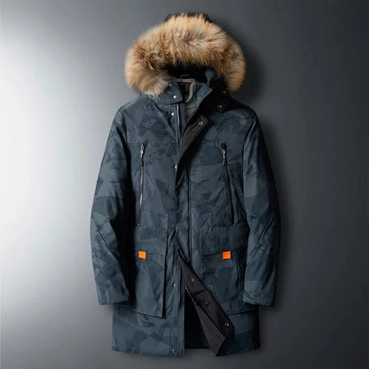 Durable men's winter parka jacket, waterproof, with multiple pockets & fur-trimmed hood for outdoor protection.