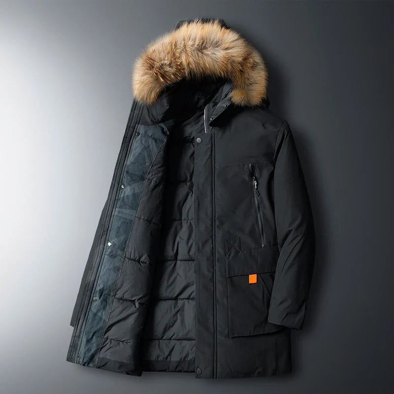 Insulated men's cold weather parka, perfect for extreme winters, offering warmth, comfort & protective outerwear.