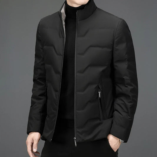 Men's warm winter quilted puffer jacket, ideal for cold weather & everyday wear. Features zipper pockets.