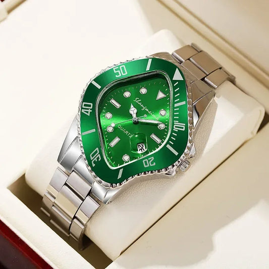 Men's warped dial stainless steel quartz watch with unique design.