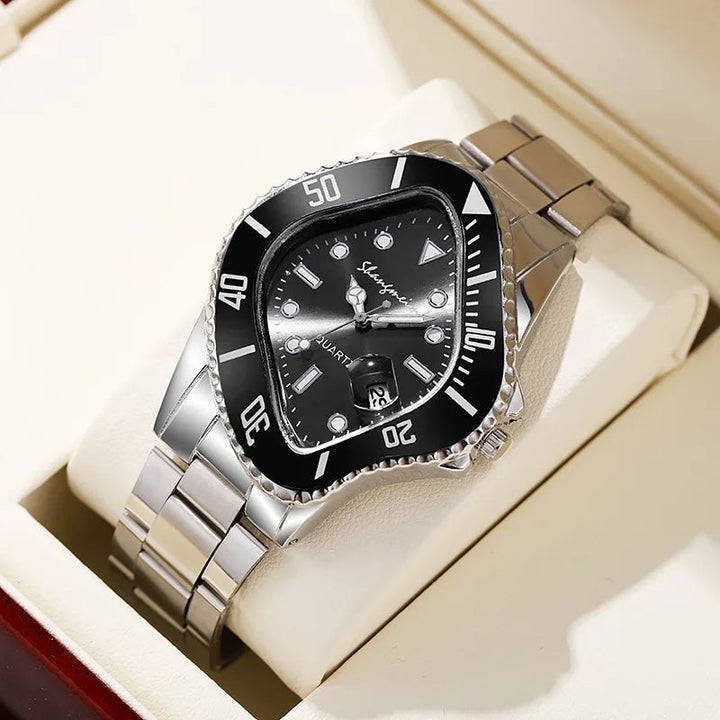 Men's fashion statement: Stainless steel quartz wristwatch with a warped dial.