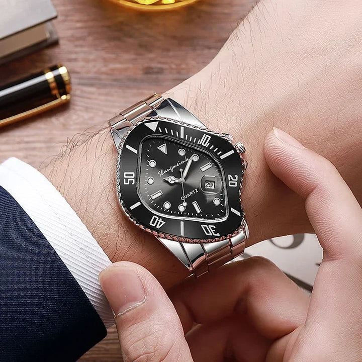 Contemporary men's watch: Warped dial, stainless steel, accurate quartz movement.