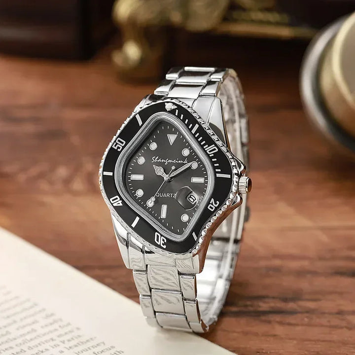 Wrist shot of a men's warped dial stainless steel quartz watch, a unique accessory.