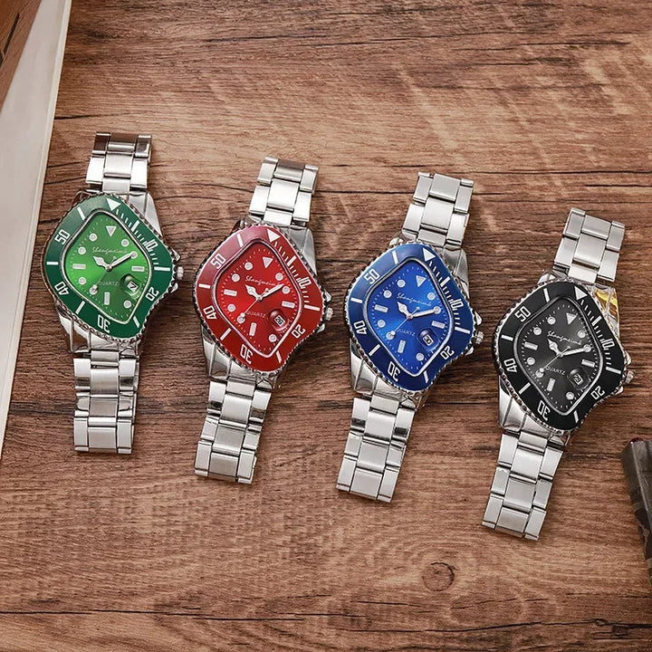Men's stainless steel wristwatch, featuring a bold warped dial and quartz precision.