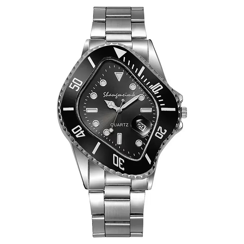 Durable men's quartz watch in stainless steel with an artistic warped dial.